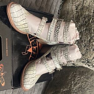 Freebird Croc-Embossed Ankle Booties in Cream and Brown